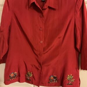 SILKLAND SILK BLOUSE /JACKET 1/3 Sleeves EMBROIDERED ELEPHANTS &PALMS 
16 P